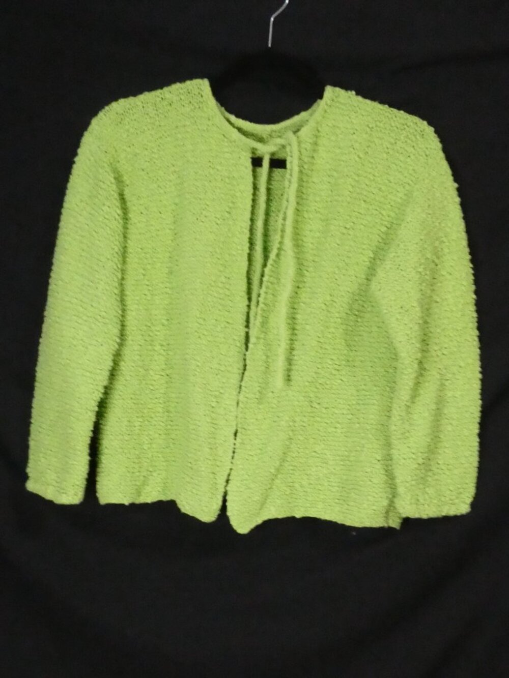 Lime Green Textured Tie Front Cardigan Knit Sweater Shaggy Open Front - P2P 19"